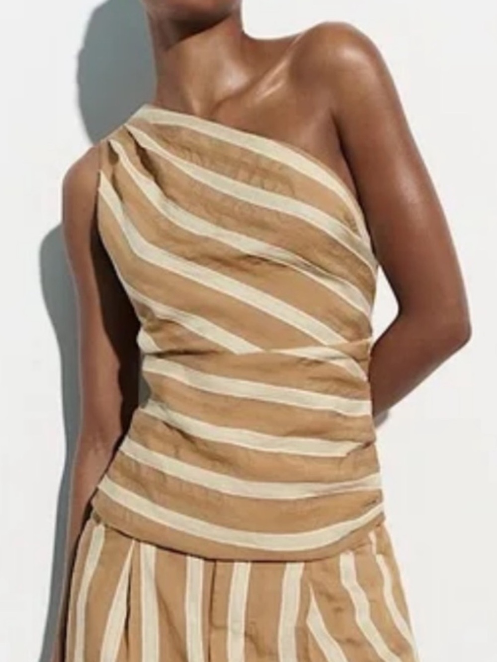 Zara Striped One-Shoulder Top in Tan and Cream